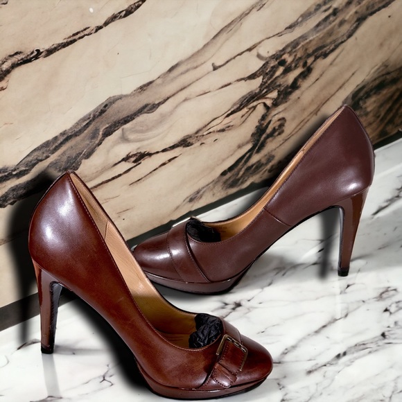 Cole Haan brown leather pumps platform buckle VG cond office interview work 8 - Picture 2 of 7